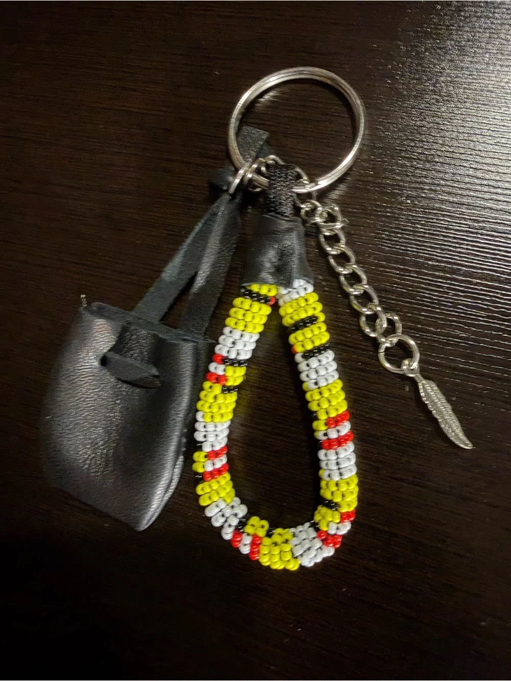 Beaded Loop Keychain with Black Leather Pouch - Yellow, White & Red